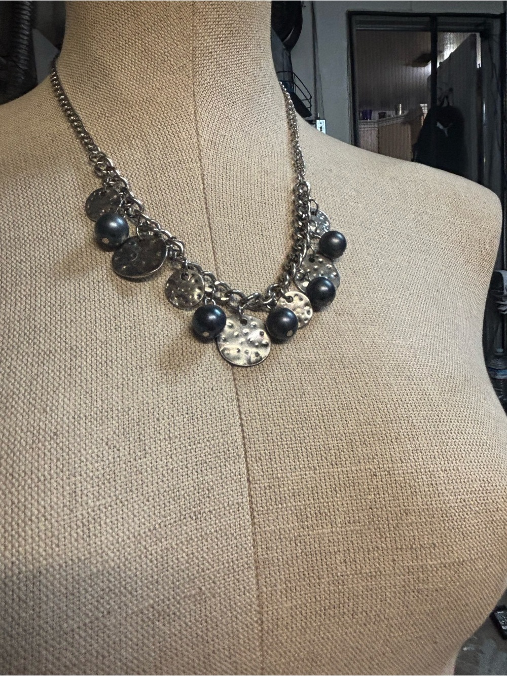 Silver Tone Disc & Black Pearl Statement Necklace